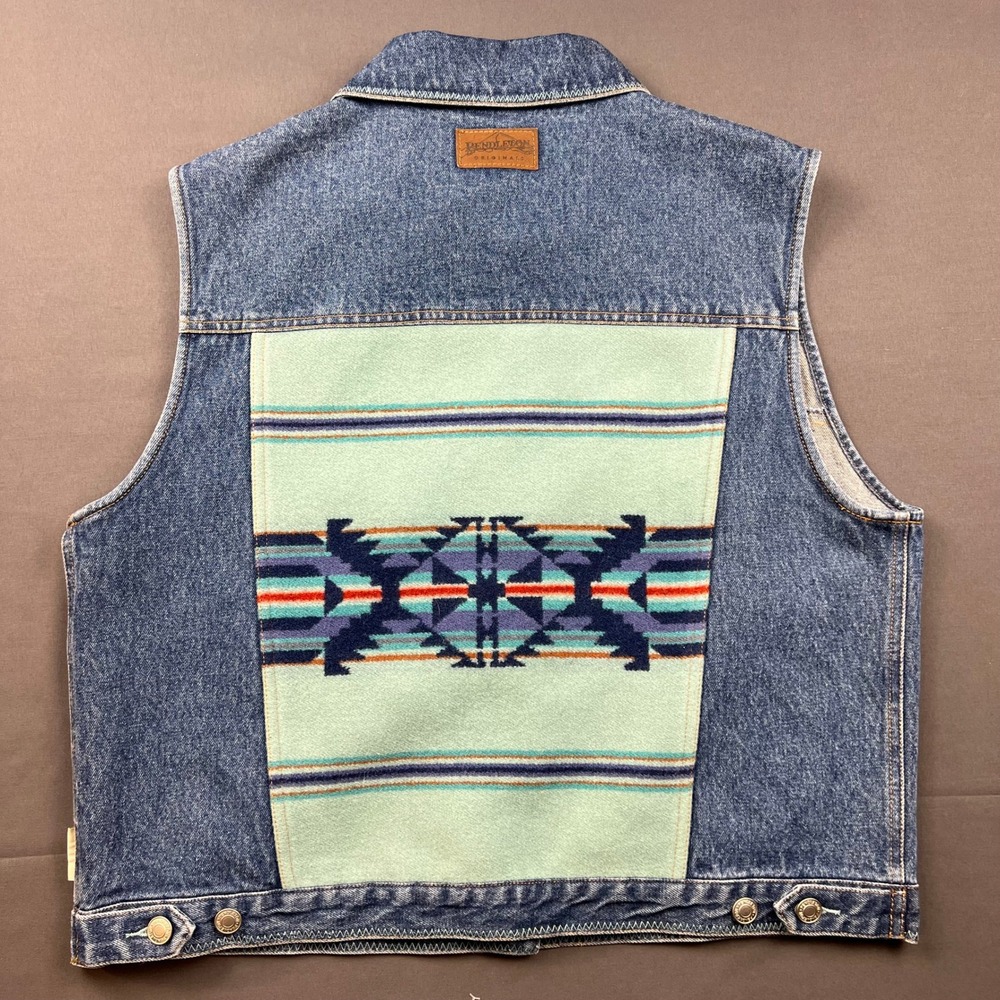 Vintage Pendleton Originals Mens Blue Denim Vest Aztec Wool Back Panel Size L